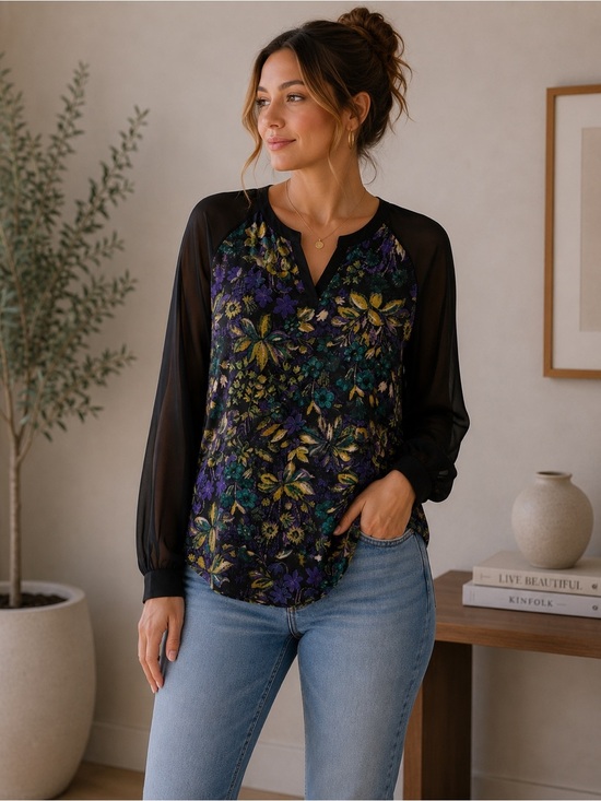 Lost & Found Tops - Lost & Found Floral Blouse with Sheer Sleeves Size L Boho Festival Y2K Night Out